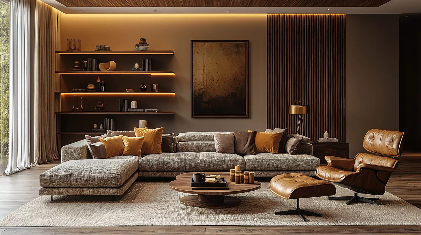 مجلس عصري يجسد دمج الألوان الدافئة والمحايدة مع لمسة من الأخشاب في التصميم.